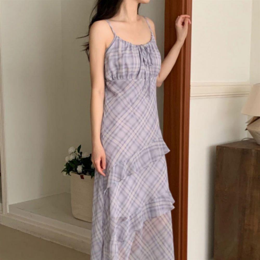 New Arrivals Open Run Women Summer Check Long Dress Sheer Backless Ruffle Design