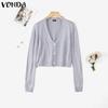 VONDA Autumn Winter Women Long Sleeve Embroidery Casual Short Knitted Sweaters Cardigans