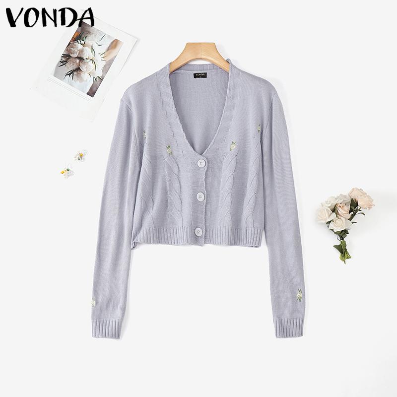 VONDA Autumn Winter Women Long Sleeve Embroidery Casual Short Knitted Sweaters Cardigans