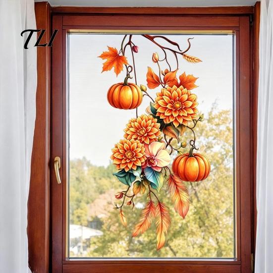 Waterproof Autumn Wall Art Fall Thanksgiving Static Window Clings, Pumpkin Maple Leaf Floral Glass Decorative Holiday Film Decals, Removable