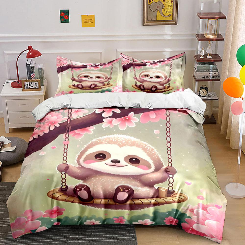 Cute Sloth Swinging Decor Set Bedding Set with 1 Duvet Cover 2 Pillowcases Single Double King Queen, Gift