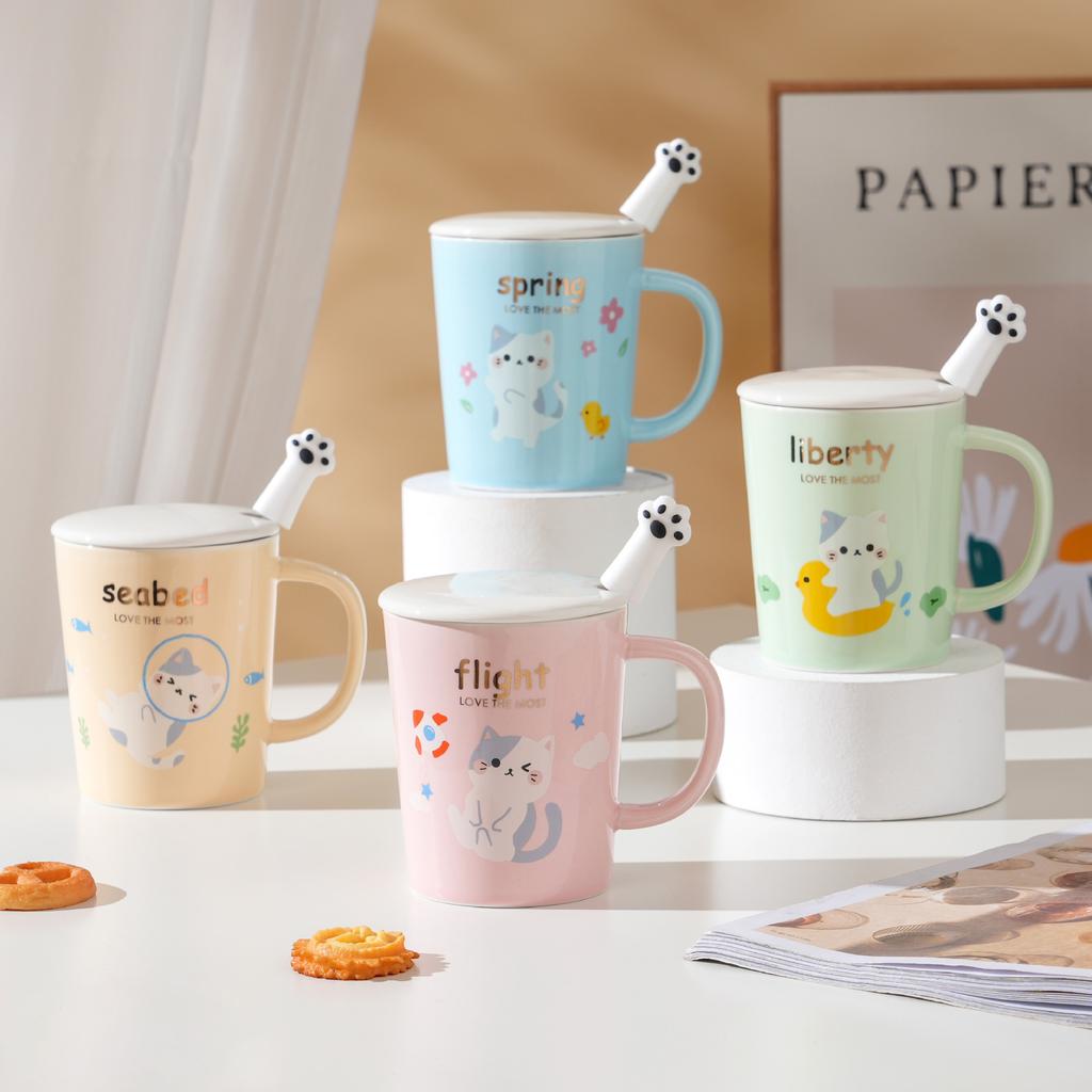 Cute Cat High Looking Ceramic Cup Girls Set Home Gift Souvenir Mug Breakfast Milk Cup