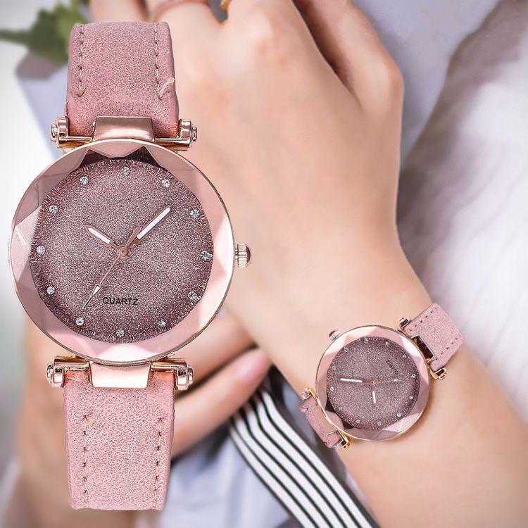 Trendy Unisex Rose Gold Korean Rhinestone Leather Strap Wristwatch Watch Fashion Ladies Quartz Female