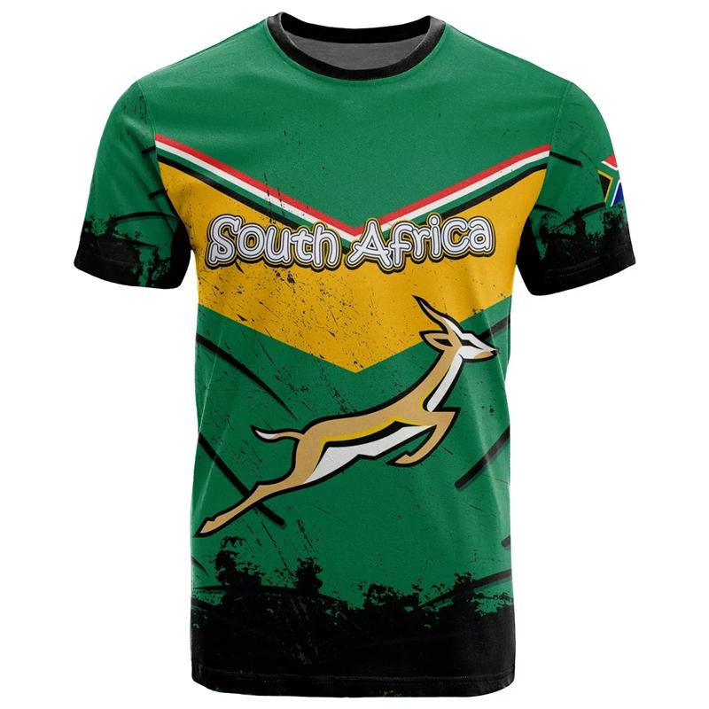 3D South African Map Flag Springbok Pattern Printed T-shirts Casual Short Sleeved Men's T-shirts - Medium Stretch Fabric Summer Relaxed Fit Clothing