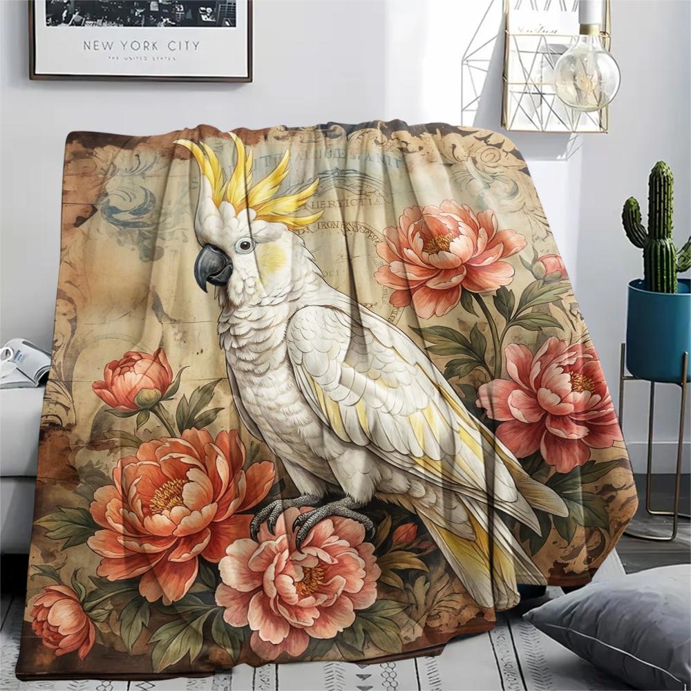 1PC Retro Parrot Peacock Print Flannel Blanket, High quality All Seasons, Home Decor, Warmth and Comfort, Perfect for Christmas Gifts