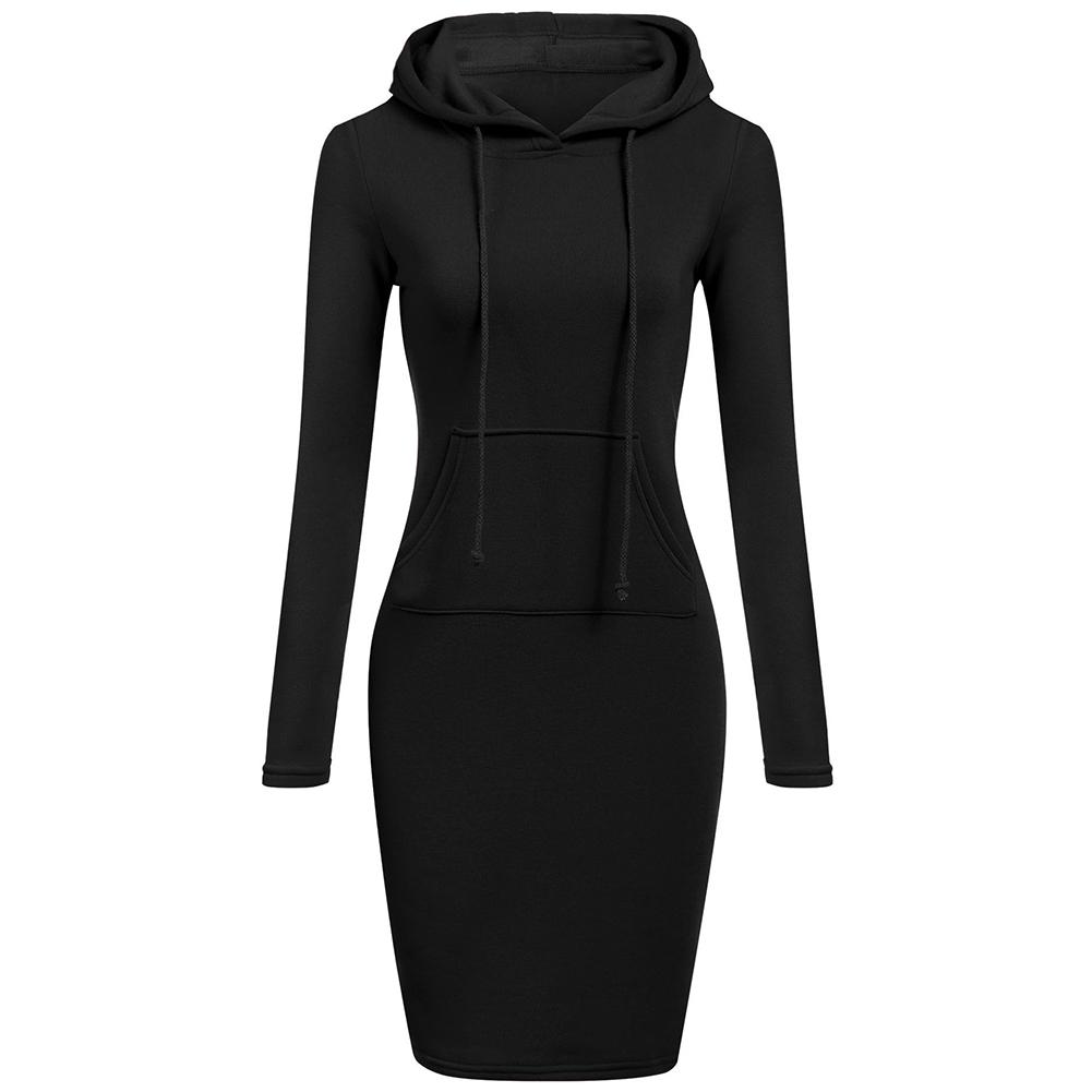 FASHION-MALL Однотонные Худи с Длинным Рукавом Bodycon для Женщин Платье-Худи до Колен