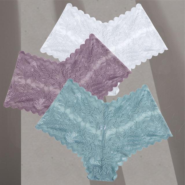 FINETOO 3Pcs Women Sexy Low Waist Lace Boyshort Floral Panties S-XL Girls Hollow Out Underwear Ladies Comfortable Underpants Female Lingerie