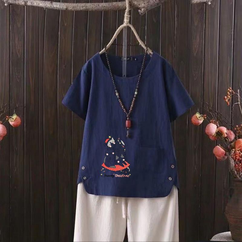 Льняная рубашка в стиле ретро 90-х, женская летняя футболка с рисунком, свободный крой, короткий рукав, размер S-4XL