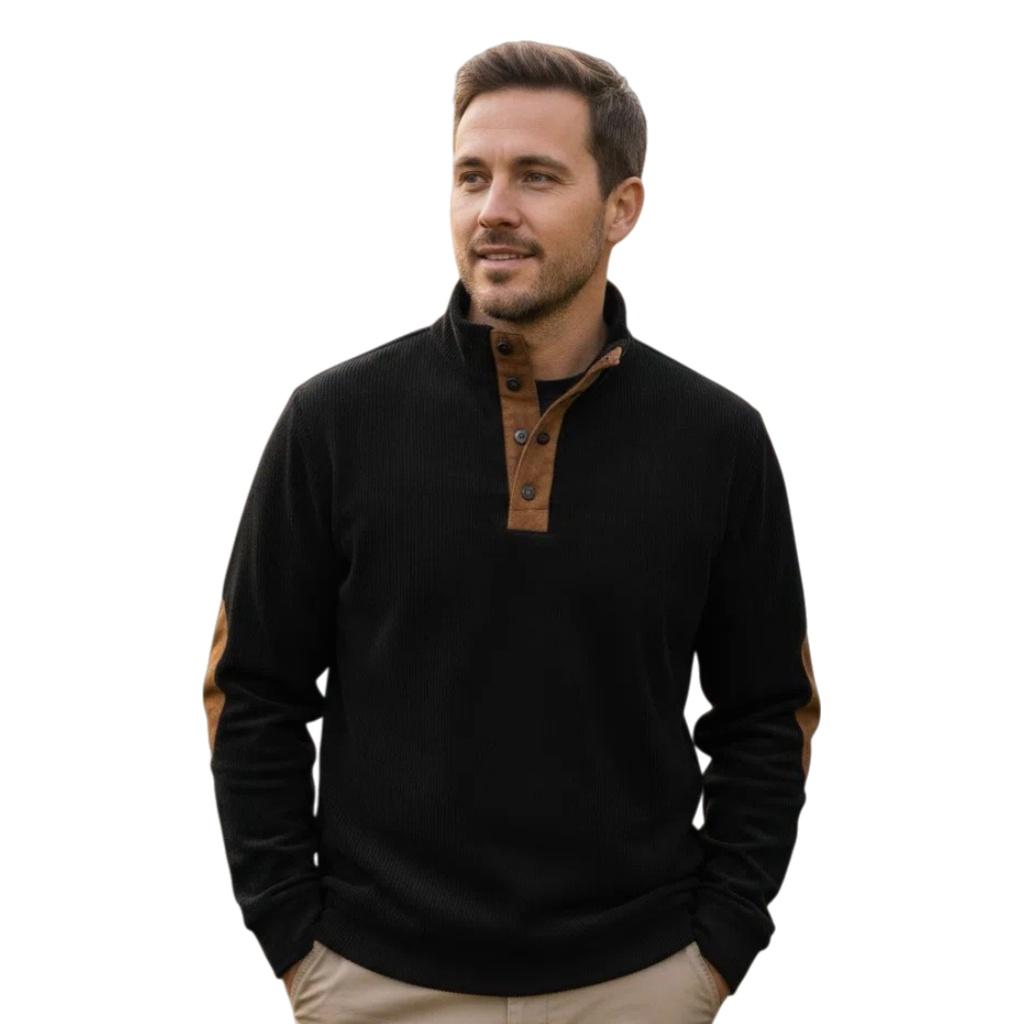 Men's Black Ribbed Sweater with Brown Leather Accents - Autumn Style for Outdoor Wear