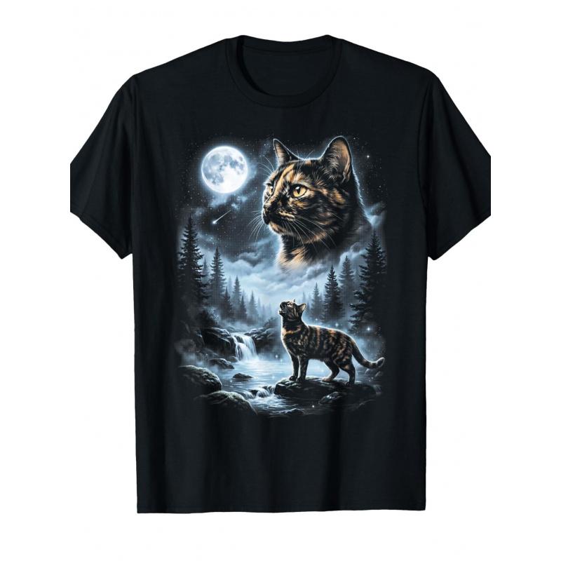 Tortoiseshell Cat Howling at Moon 90's Retro T-Shirt