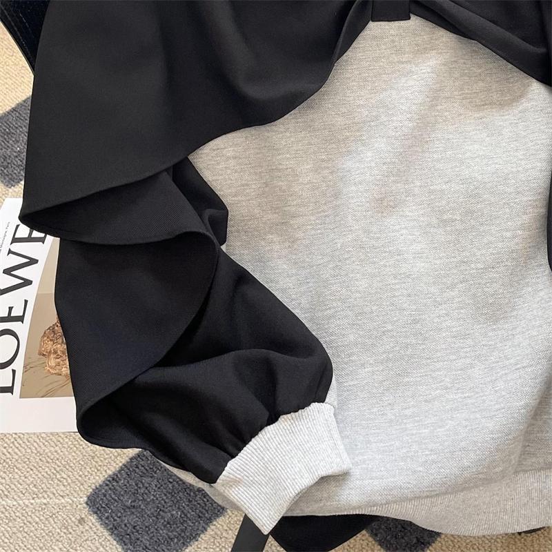 Spring Autumn Fashion Two Pieces Loose Large Spliced Bow Versatile Foreigner Round Neck Women's Long Sleeve Sweater