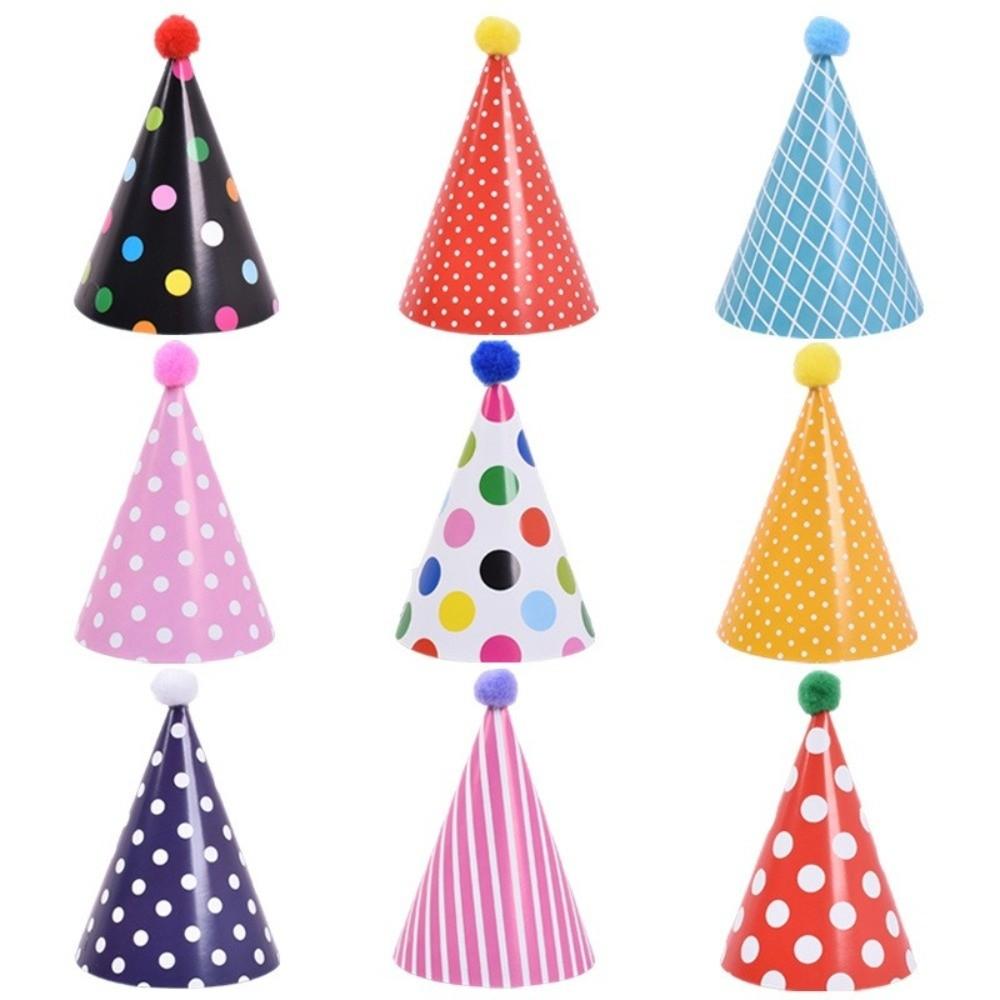 Праздничные колпаки на день рождения в горошек с помпонами Бумажные конусные колпаки для вечеринки Цветная DIY ручная работа Корона-шляпа на день рождения Детская вечеринка по случаю дня рождения