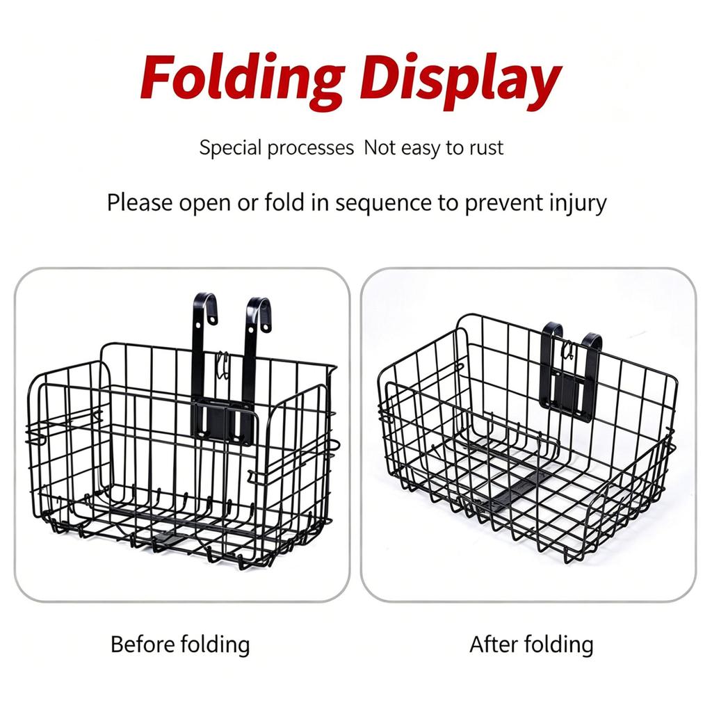 Bike Basket, Heavy-Duty Metal Wire Bicycle Basket with Hooks, Quick Install, Rust-Resistant, Large Capacity for Grocery Shopping Pets Daily Commuting