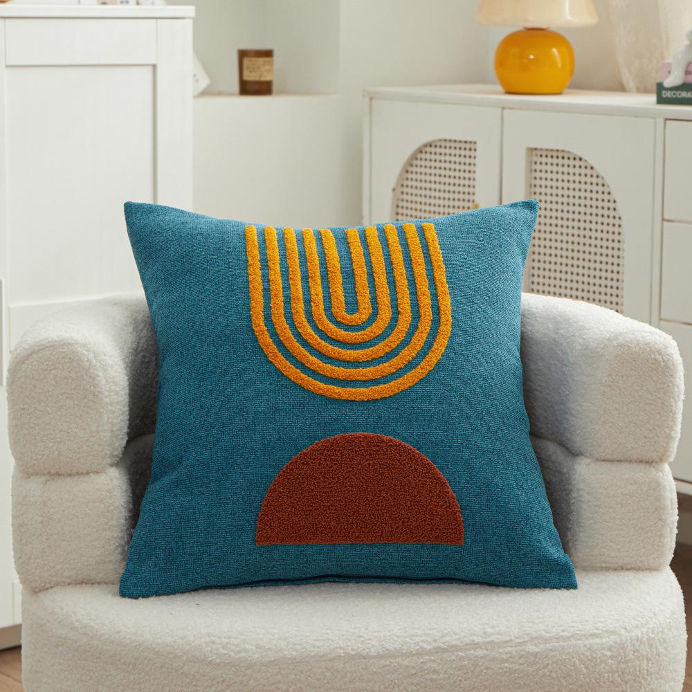 Abstract Simple Embroidery Cushion Cover 45X45Cm Chenille Pillow Cover Geometric Rising Sun Tufted Pillowcase For Sofa Couch Bed