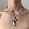 Hiphop Punk Silver Color Cross Pendant Necklace for Women Gothic Irregular Transparent Crystal Bead Necklace Street Jewelry Gift