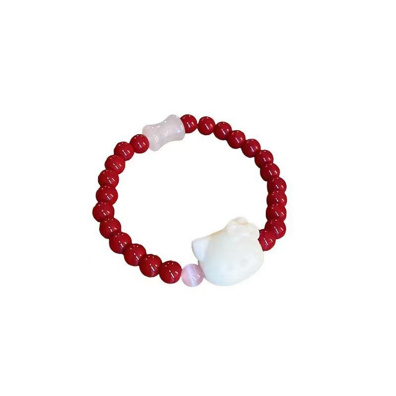 Hello Kitty Cat Cinnabar Beaded Bracelet Girls Suit Niche Temperament Chinese Bracelet Retro Versatile Internet celebrity Hand