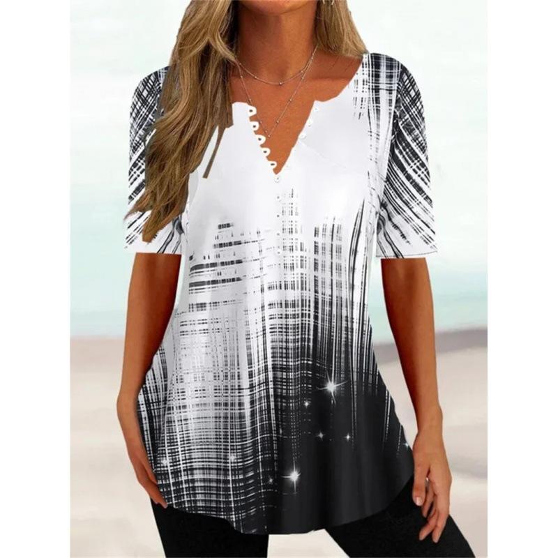 Trendy And Cool Women's Summer Loose V-neck Pullover Short-sleeved Button Printed T-shirt