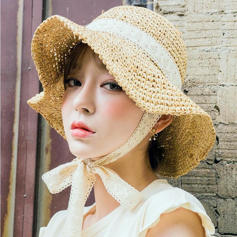 Sun hat children summer lace-up straw hat chic small fresh hand-woven summer beach hat