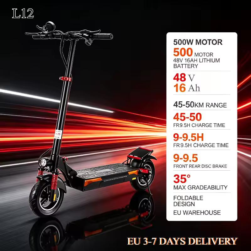 L12 Adult Foldable Off Road E Scooter 500W 48V 16Ah 50kmh 45 to 50KM Range 35 Degree Climb Dual Disc Brake EU Waterproof Stock