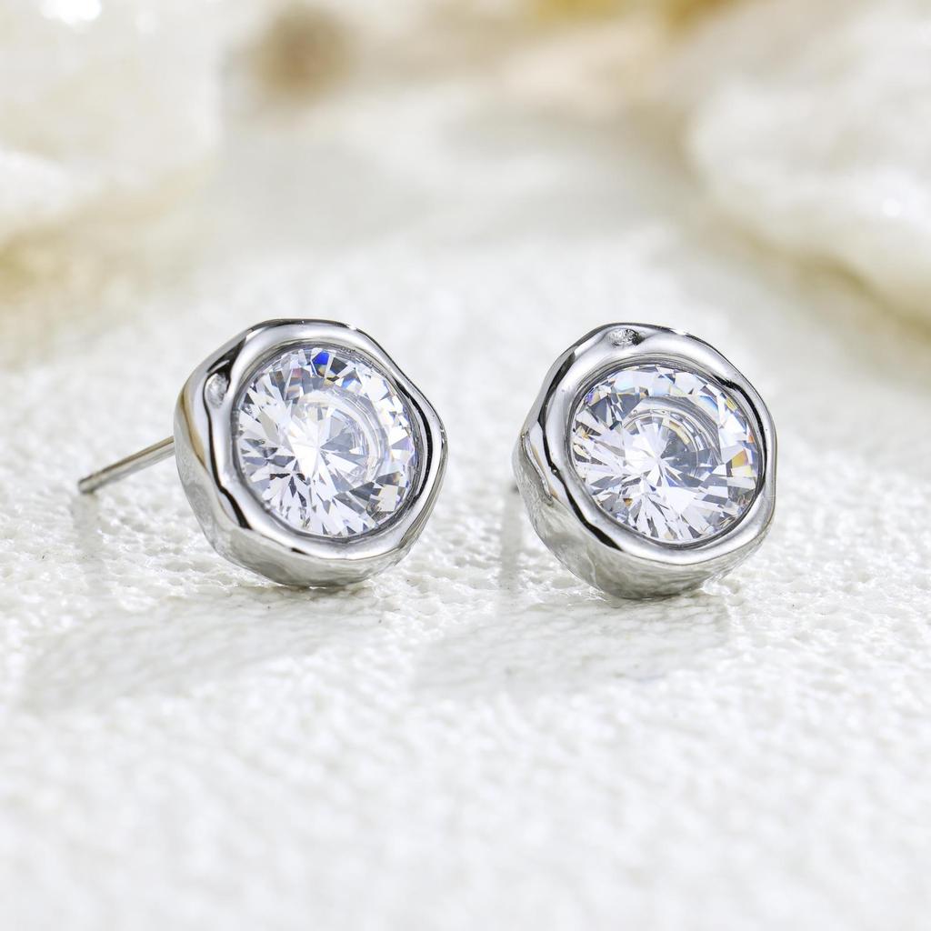 Fashion 18K Gold Stainless Steel Hammered Irregular Round CZ Zircon Diamond Stud Earrings Hypoallergenic Dainty Jewelry Women