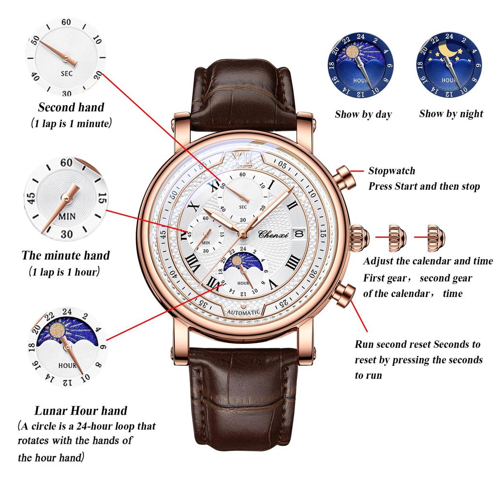 Starry Sky Watch Genuine Leather Strap Roman Alphabet Analog Display Luminous Calendar Moon Phase 3ATM Waterproof Quartz Leisure Business Stylish