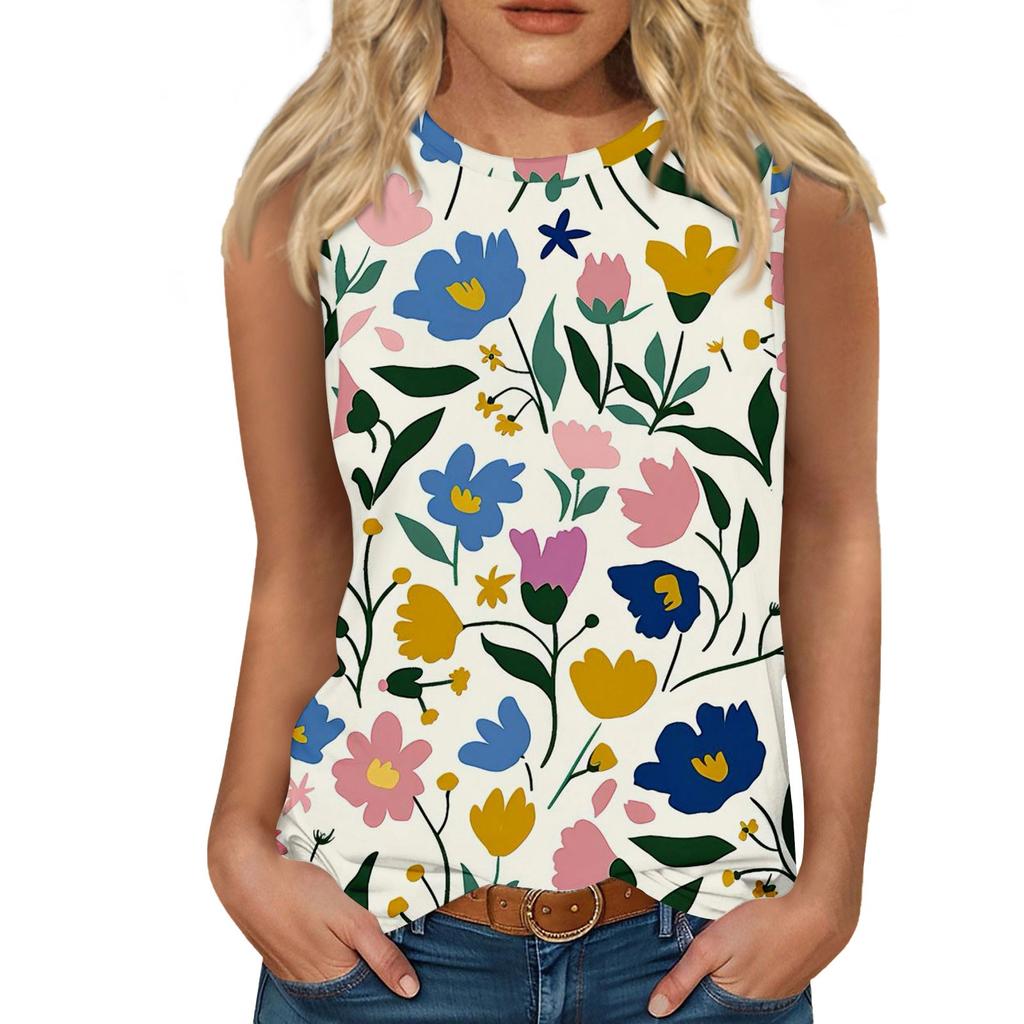 Women's Casual Round Neck Printed Sleeveless Vest Tops Vest