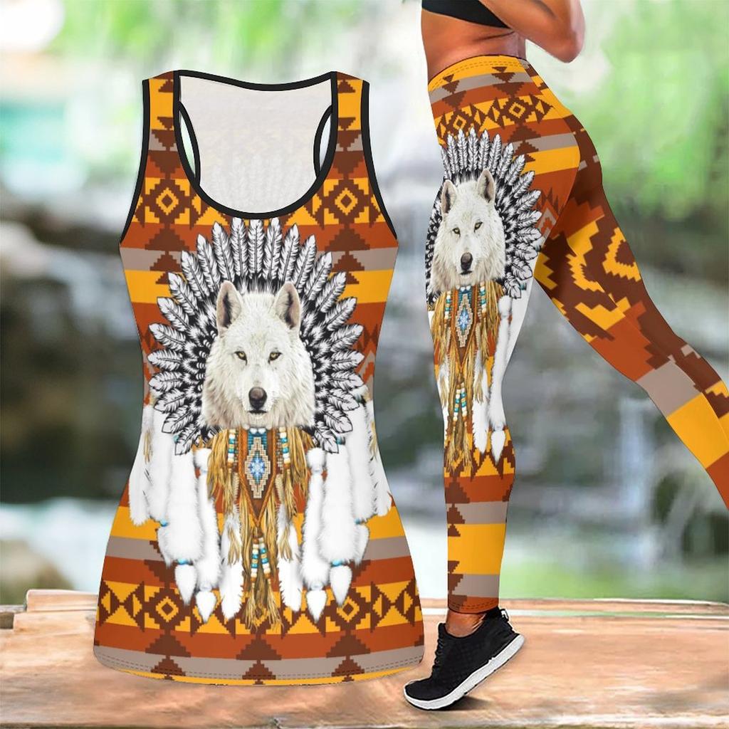 Йога-комплект с принтом «Тотем волка» для женщин Модные леггинсы для тренировок Фитнес Спортивный повседневный набор для йоги Спортивный костюм
