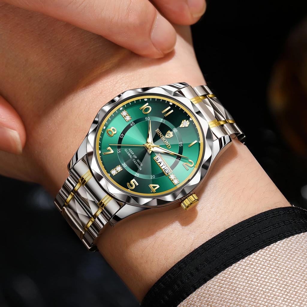 BINBOND New Men Watch Rhombus Mirror Original Quartz Watch for Man Waterproof Luminous Stainless Steel Wristwatch Male Date Week