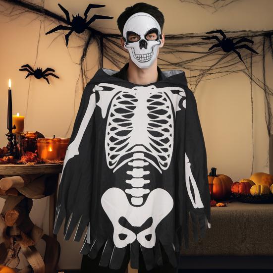Halloween Skeleton Poncho Hooded Skeleton Cape Halloween Party Costume Cosplay Outfit for Kids Adults