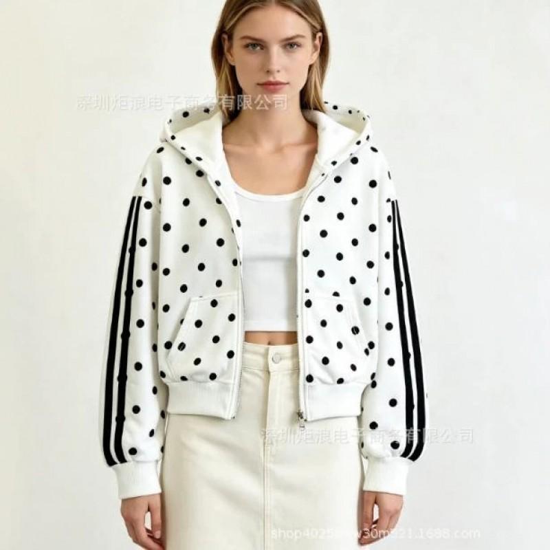 Y2K Dot Print Hooded Zip-Up Oversized Cropped Sweatshirt Women Streetwear