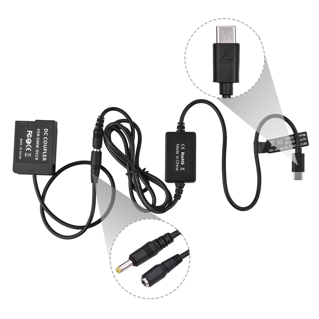 PD USB Type-C Cable To DMW-DCC8 Dummy Battery DC Coupler DMW-BLC12 Replacement for Panasonic LUMIX