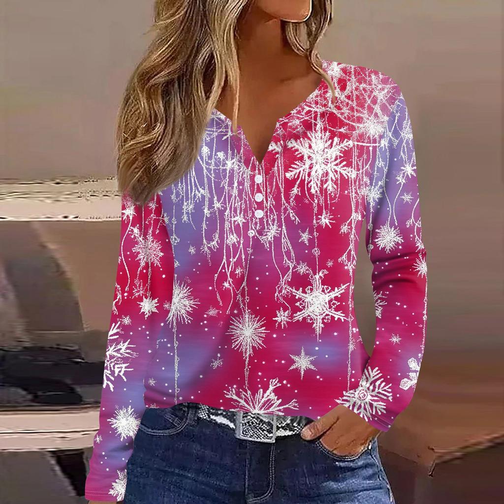 Женская футболка с рождественским принтом на пуговицах с длинным рукавом, повседневная, выходного дня, модная, базовая, с V-образным вырезом, обычная