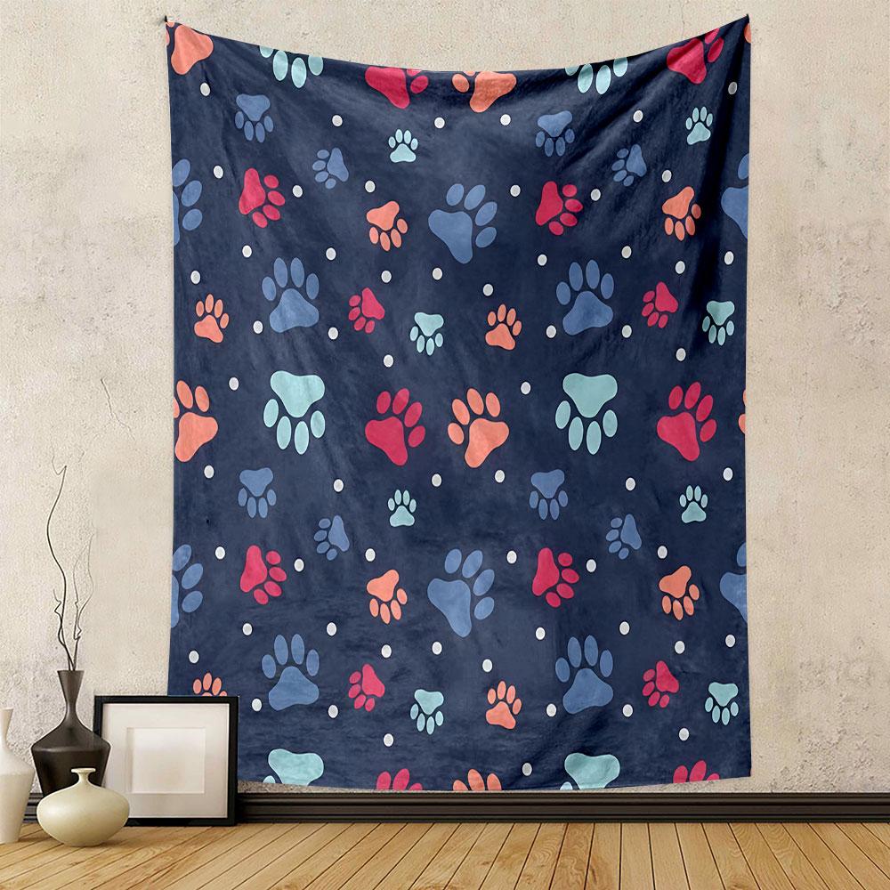Colorful Paw Print Pattern on Navy Background Patterned Tapestry Decorative Wall Hanging, Home Bedroom Living Room Decor