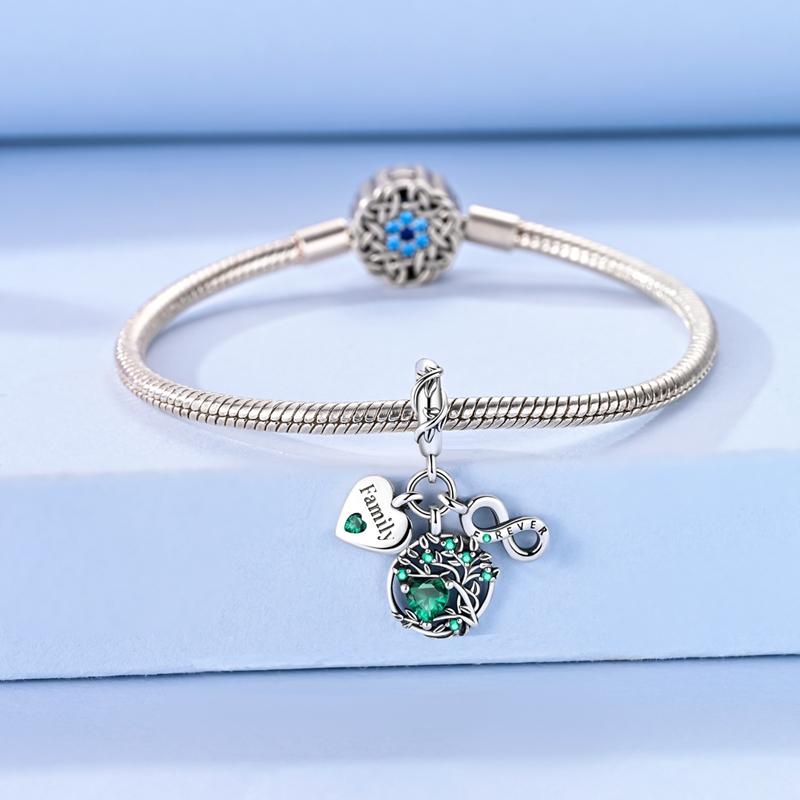 925 Silver Charm Bead Green Zircon Family Tree Pendant for Bracelet Necklace DIY Jewelry Gift