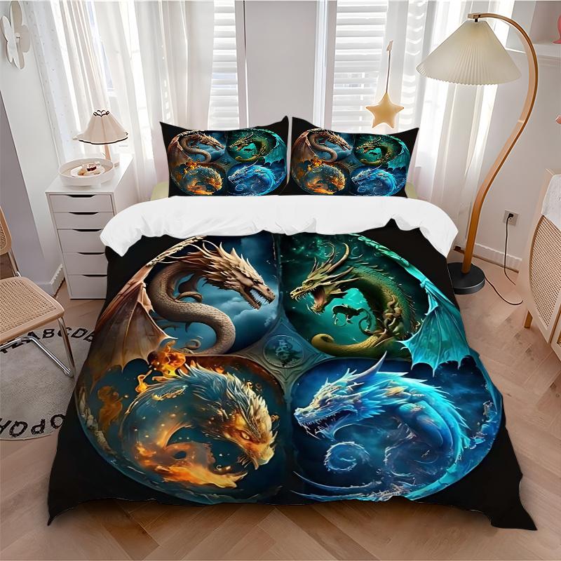 3pcs Composition of Fire Water Earth and Air Dragons Printed Quilt Set - Soft and Comfortable Quilt Cover for Bedroom, Guest Room and Dormitory D