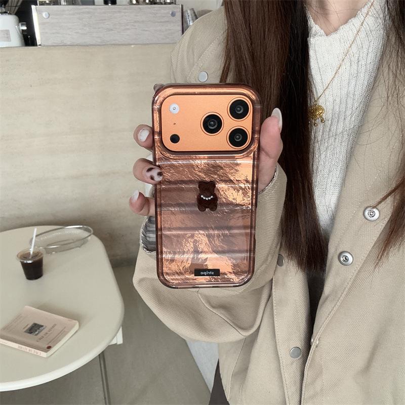 Японский и корейский 3D чехол-медведь в полоску для iPhone 17/16 Pro Max/15/14 - Новый дизайн для девушек