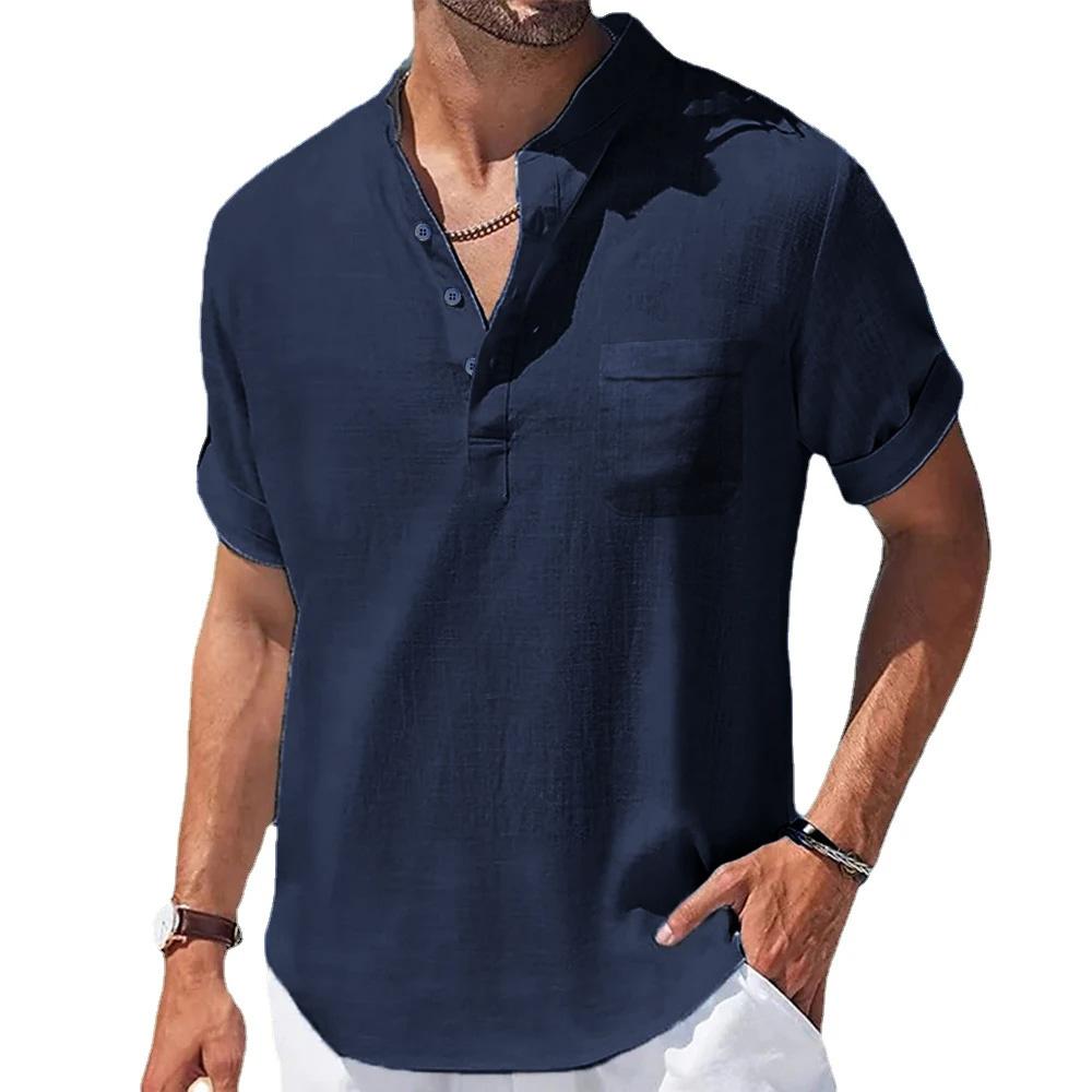 Summer Men's Cotton and Linen Shirts Short-Sleeved Shirt Henry Collar Casual Men's T-shirts Shirts Male Men Clothing