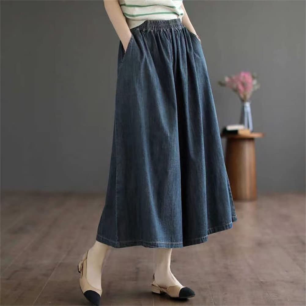 BEIBANG Denim Gaucho Pants with Elastic Cropped Casual Simple Plus Summer 24 Dark Women's Wide-Leg Waist, Pants, Bottoms, Style, Sizes, (Size Blue)