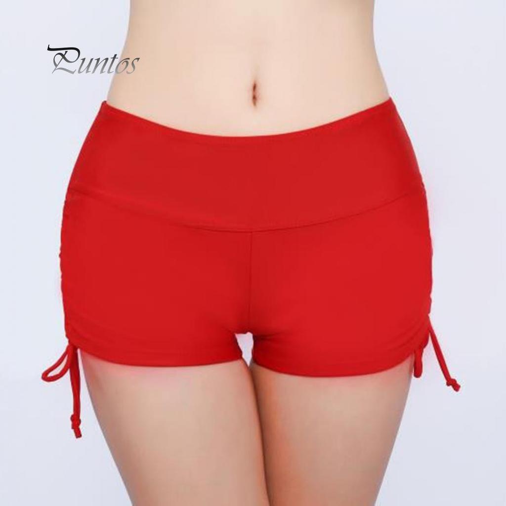 Global Selling Women Solid Color Bikini Bottom Side Pleated Bandage Swim Shorts