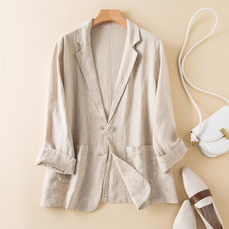 Spring Summer Button Cotton Linen Suit Thin Cardigan Jacket Women Outwear