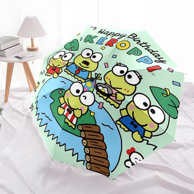 1pc Keroppi Frog Family Birthday Party Automatic Opening/Closing Umbrella - Portable Three-Fold Design with 8-Bone Iron Frame - Outdoor, Gift for Fans