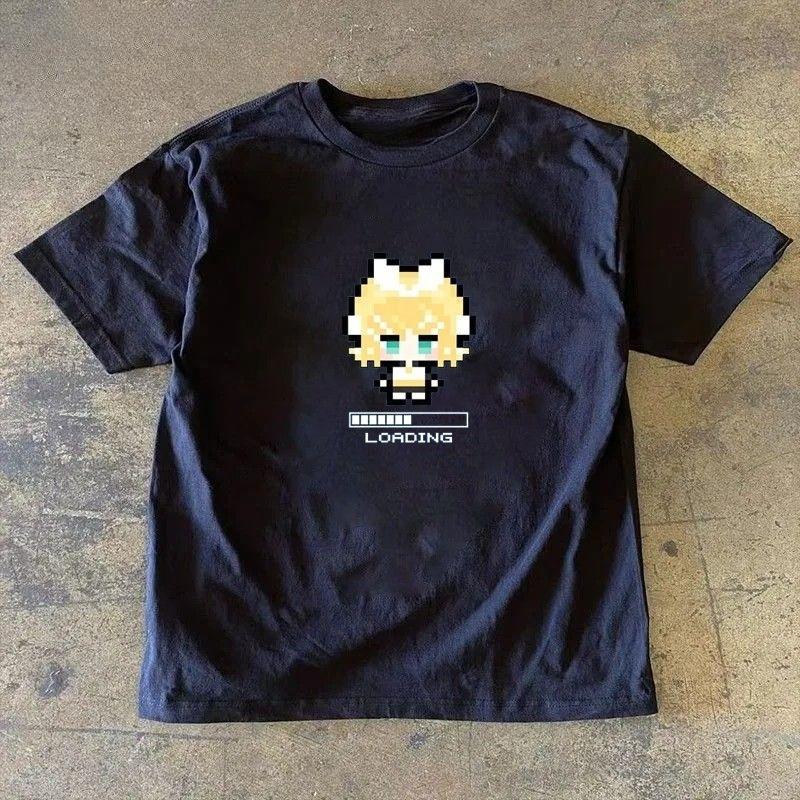 Otaku Retro Game Tee Cute Pixel Blonde Cat Ears Girl Loading Text Ins Trendy Unisex Cotton Oversized Black Daily Tshirt