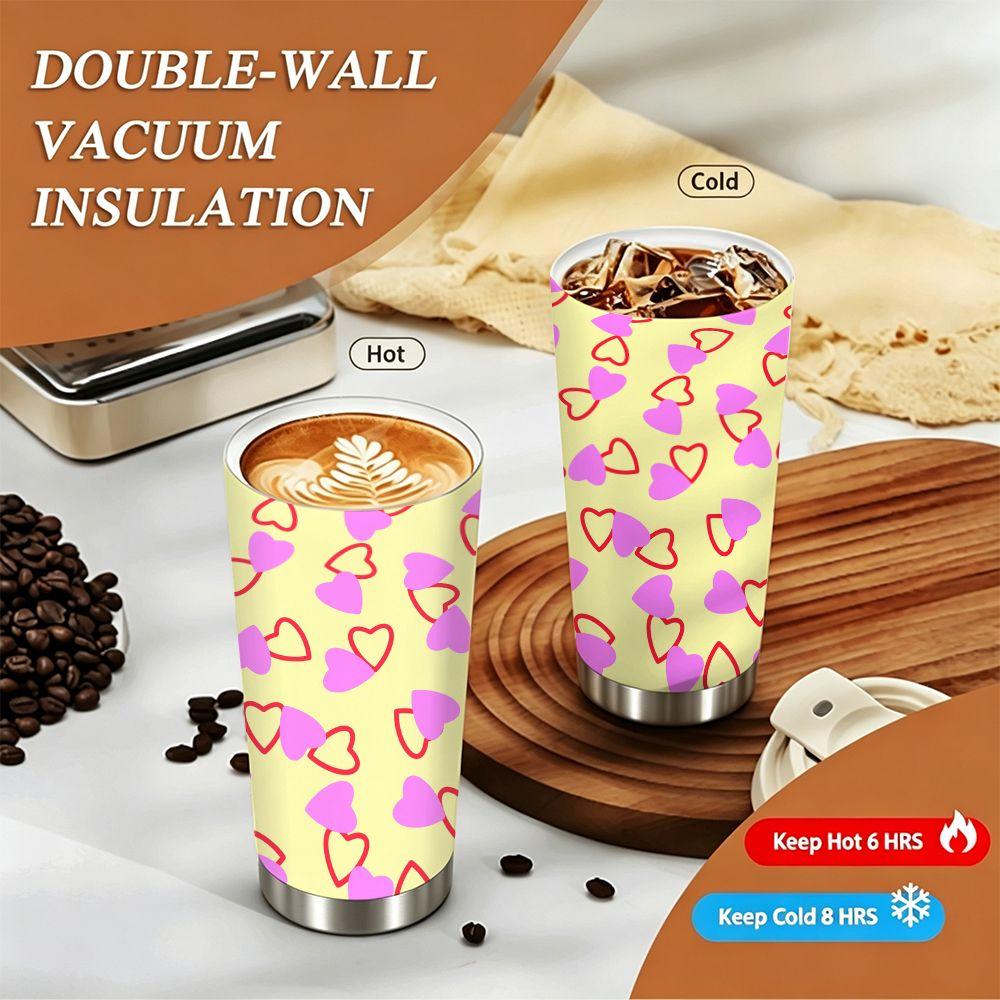 Cute Pink Hearts Pattern Stainless Steel Insulated Coffee Tumbler, Vacuum Travel Mug, Reusable Hot Cold Drink Cup for Gift School Office