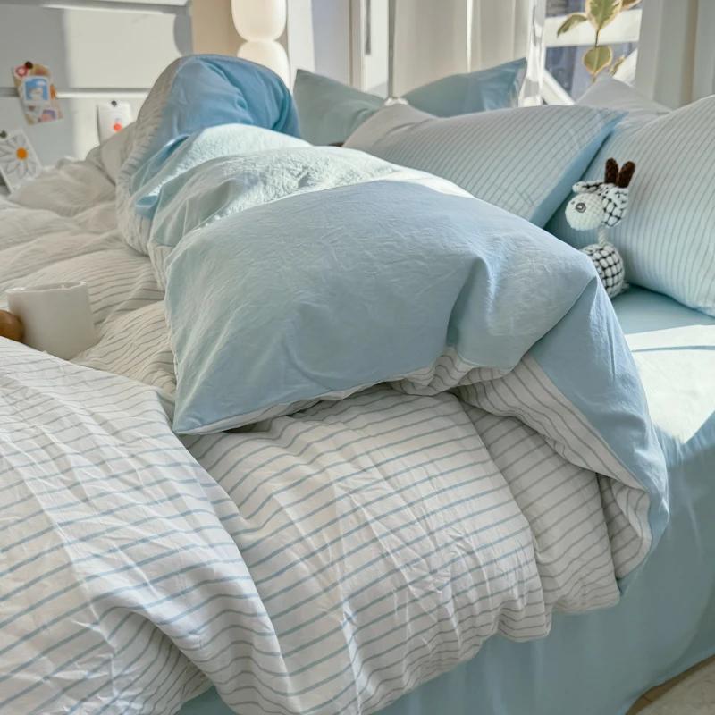 Pure Cotton Home Textile Striped Bedding Set Simple Soft Duvet Cover Sheet Pillowcase Ins Style Bed Linens Queen King Size