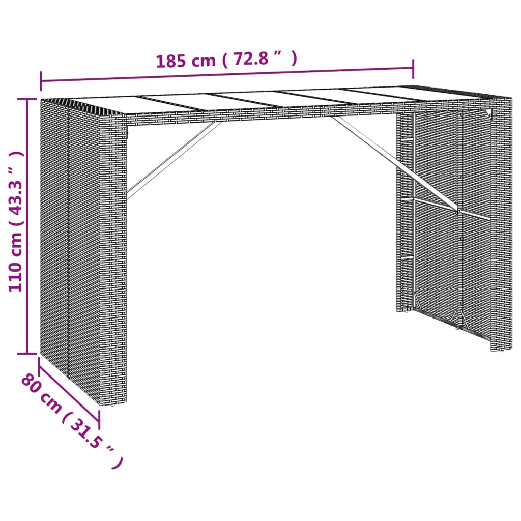 Bar Table with Glass Top Gray 185 x 80 x 110 cm Poly Rattan