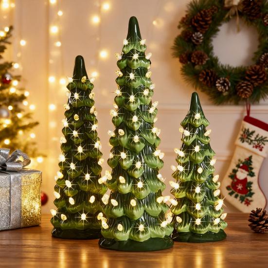 Pre-Lit Hand-Painted Resin Tabletop Christmas Tree Small Light Up Holiday Tree Decoration