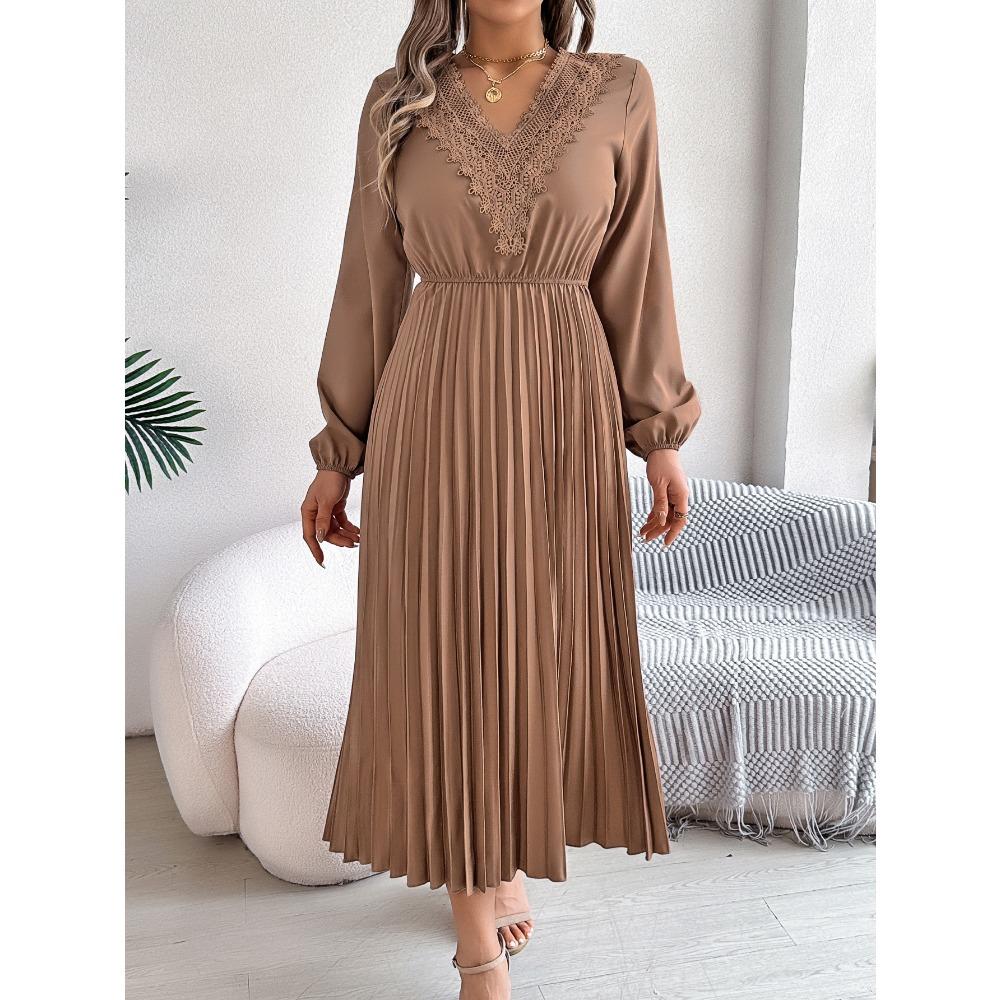 Spring and Summer Elegant Temperament V-neck Lace Waisted Pleated Long Women's Dresses Long Skirts