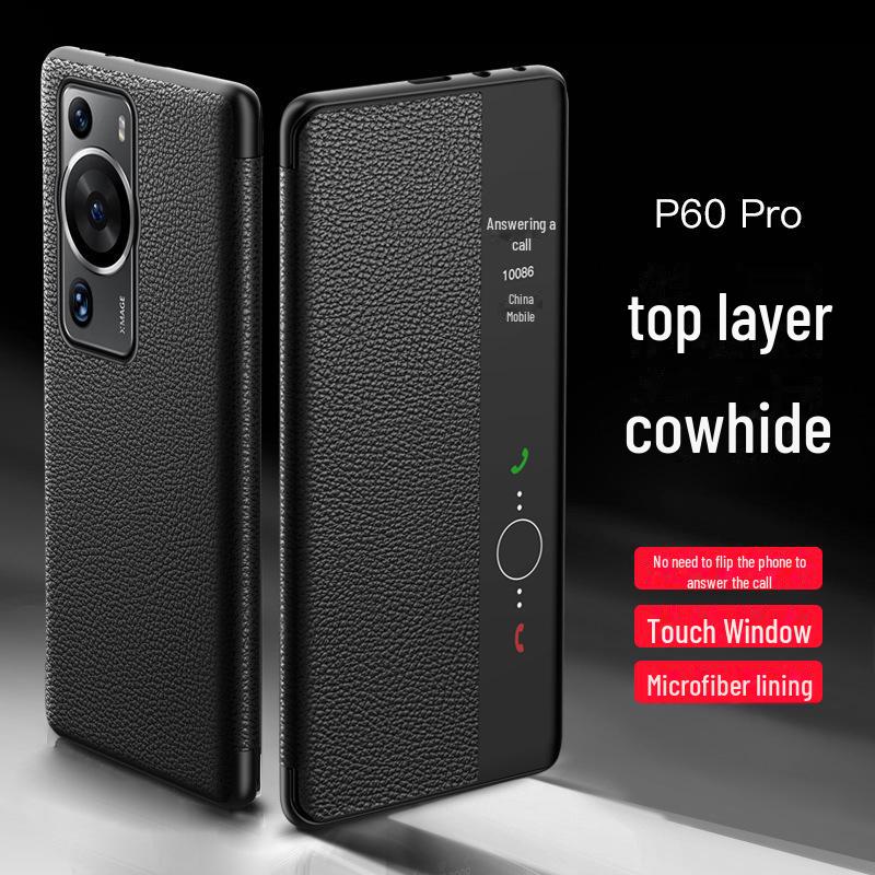 Чехол-книжка из натуральной воловьей кожи первого слоя с сенсорным окном для Huawei P60/P60 Pro