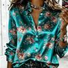 Women Satin Long Sleeve Shirt Vintage Rose Floral Print Blouse Lapel Single Breasted Loose Office Tops