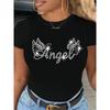 Женская футболка европейского размера с принтом крыльев ангела и букв, с коротким рукавом, круглым вырезом, повседневная, из ткани средней эластичности, для ежедневной носки, машинная стирка, топ на ангельскую тематику